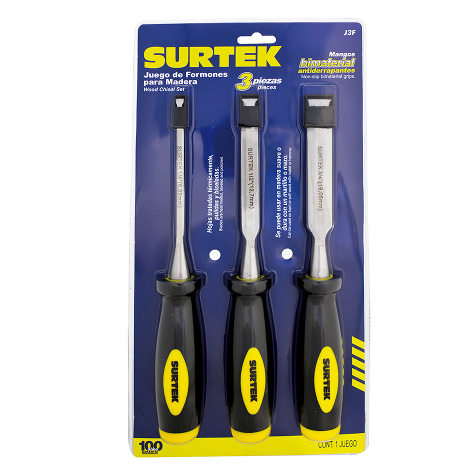 Juego de formones para madera con mango bimaterial 1/4", 1/2" y 3/4", 3 piezas Surtek J3F
