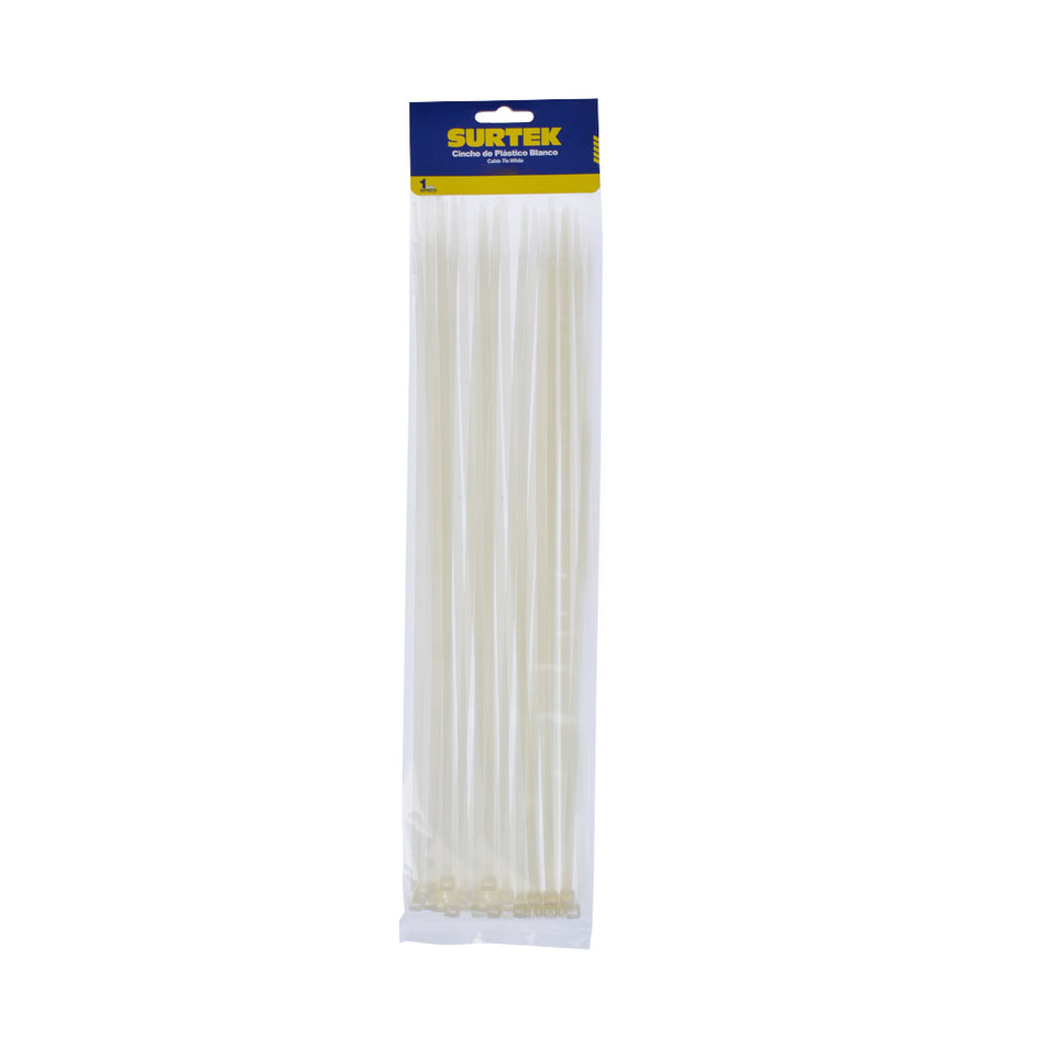 Cinchos plásticos 300 x 4.6 mm, tensión 22 kg de 50 piezas, color blanco Surtek 114212