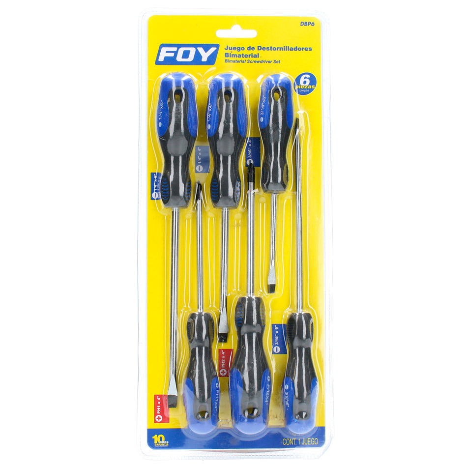 Juego de destornilladores con mango bimaterial combinados, 6 piezas en blíster Foy DBP6