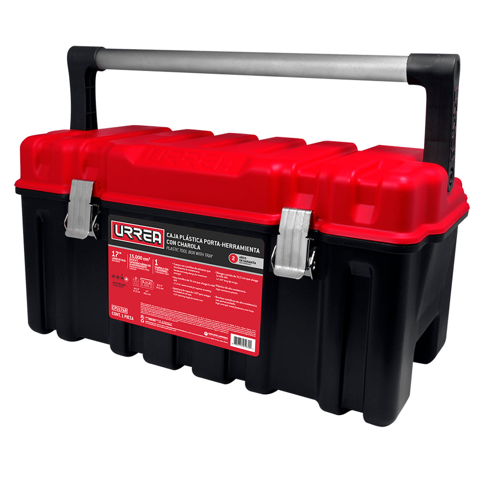 Caja portaherramientas plástica con broches metálicos color negro tapa roja 26" x 10" x 10 Urrea CPU26AR