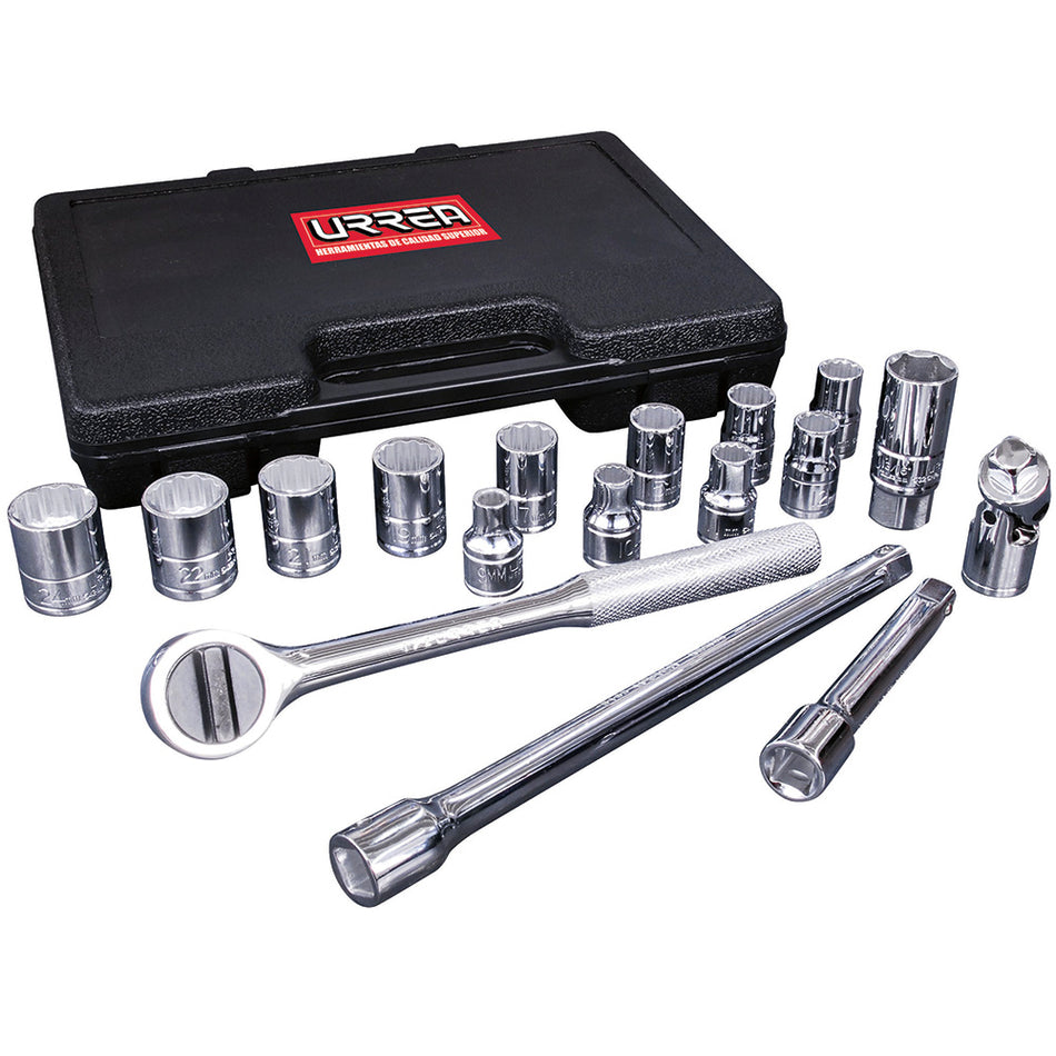 Juego de dados y accesorios cuadro de 1/2" métrico, 17 piezas Urrea 5400PM