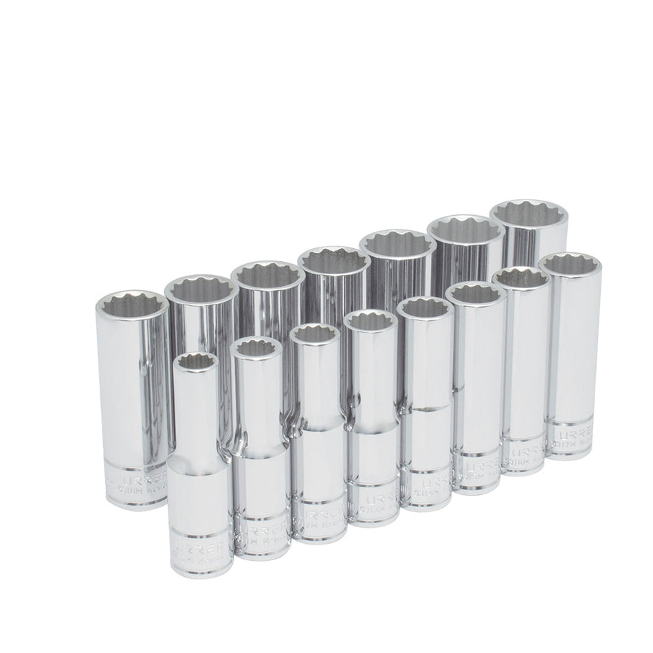 Juego de dados largos cuadro de 1/2", 12 puntas, métricos, 15 piezas Urrea 54207