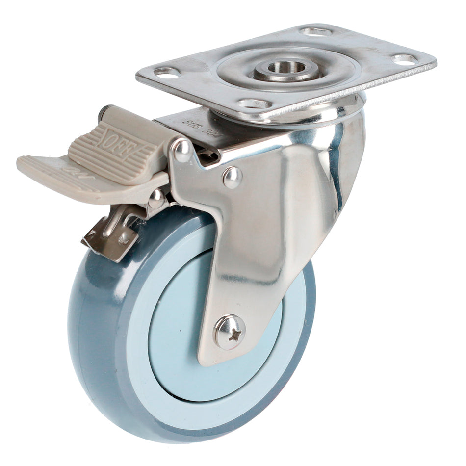 Rodaja de TPR gris con herrajes de acero inoxidable giratoria con freno 4" Surtek RTI10B