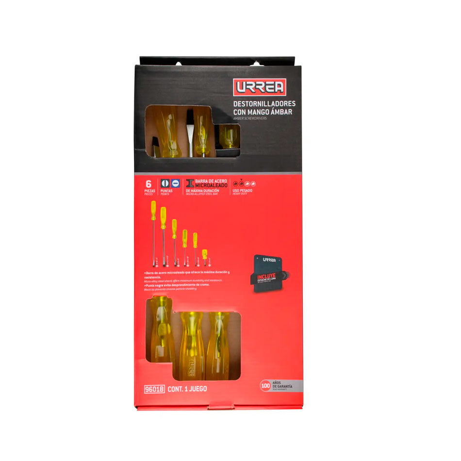 Juego de destornilladores con mango ámbar combinados, 6 pie zas en caja de cartón Urrea 9601B