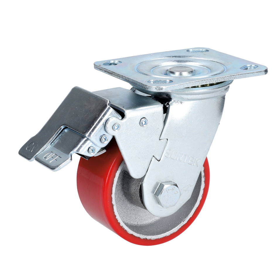 Rodaja de fierro con poliuretano rojo giratoria con freno 6" Surtek RP15B