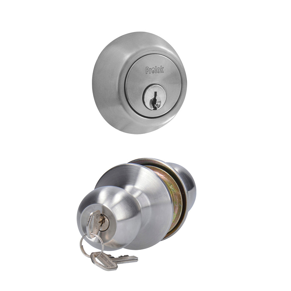 Combo de pomo cilindrico bola función doble, acero inoxidable, llave estándar, blíster Prolok 10CBP