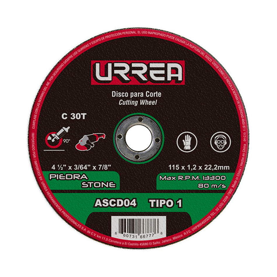 Disco abrasivo tipo 1 para piedra 4-1/2" x 3/64" Urrea ASCD04