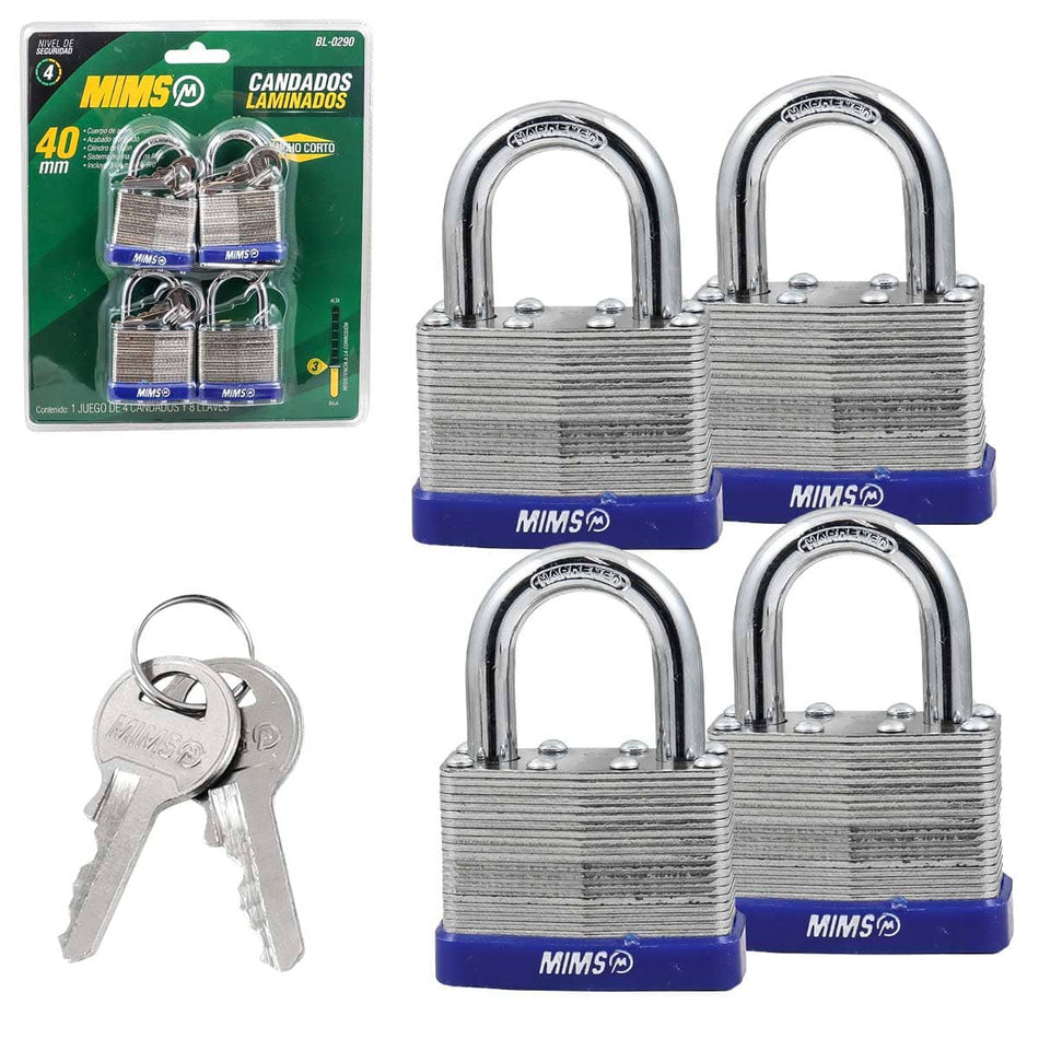 JGO. DE 4 CANDADOS DE ACERO CUERPO LAMIN