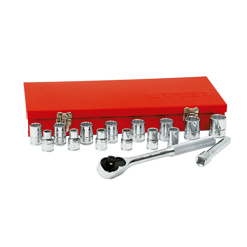 Juego de dados y accesorios cuadro de 1/2" métrico, 17 piezas Urrea 54208