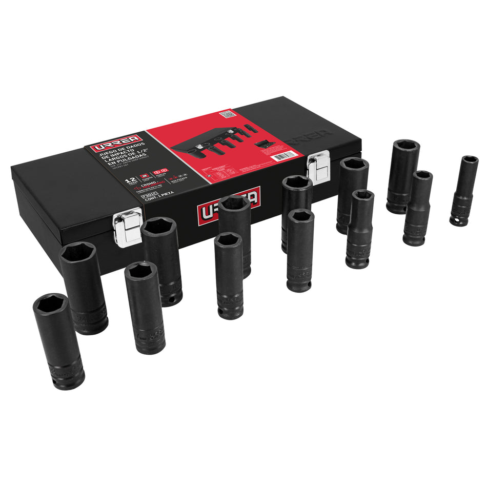 Juego de dados largos de impacto cuadro de 1/2", 6 puntas, métricos, 13 piezas Urrea 7302MC