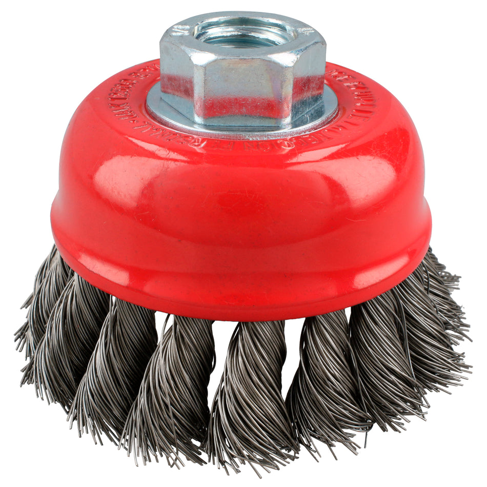 Carda copa trenzada alambre grueso de acero inoxidable 3" x 0.50 mm con rosca 5/8" Urrea C926