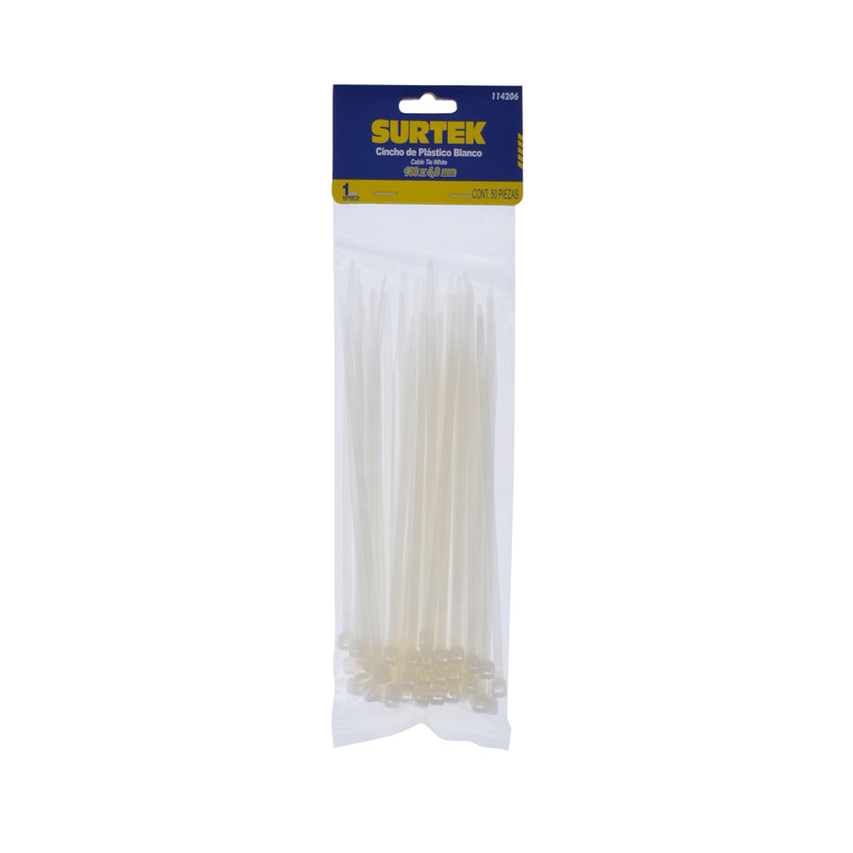 Cinchos plásticos 160 x 4.8 mm, tensión 27 kg de 50 piezas, color natural Surtek 114206