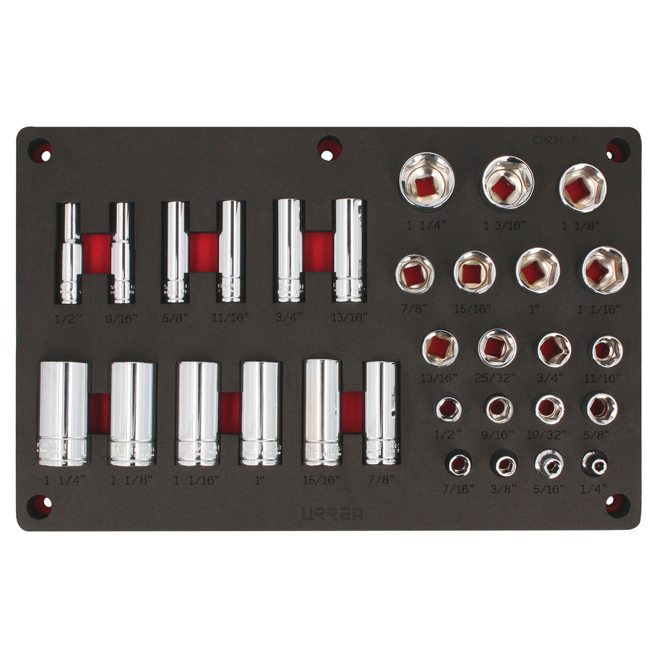 Juego de dados en pulgadas cuadro de 1/2" 32 piezas, CH231P-C Urrea CH231P