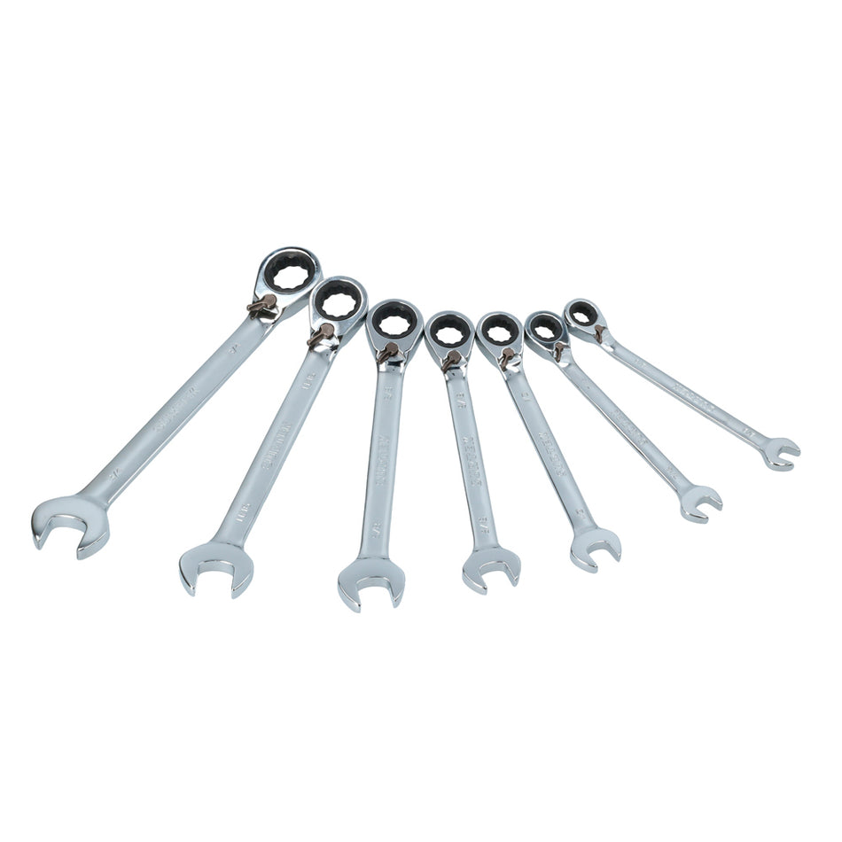 Juego de llaves combinadas pulido espejo de matraca rev en pulg, 12 puntas,7 pz en rack Surtek 100574