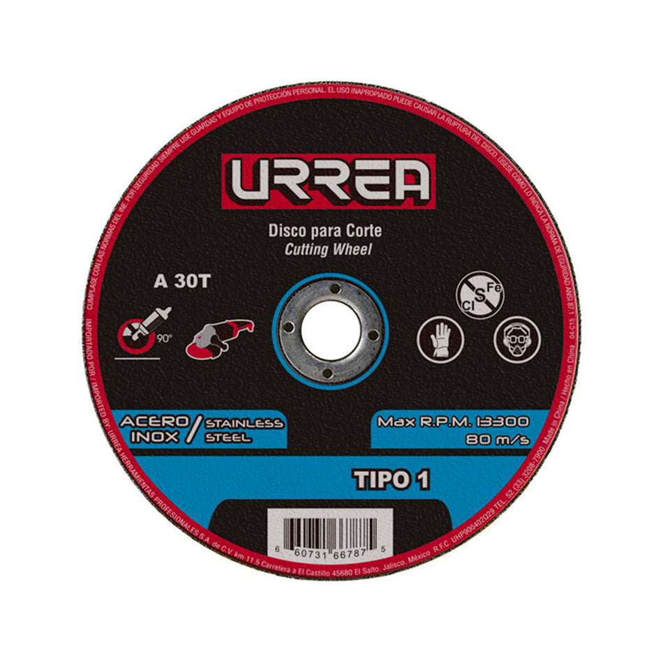 Disco abrasivo tipo 1 para acero inoxidable 7" x 5/64" Urrea AMSS07
