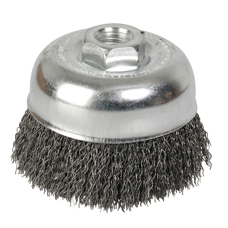 Carda copa ondulada alambre delgado 4" x 0.35 mm con rosca 5/8" Foy C301