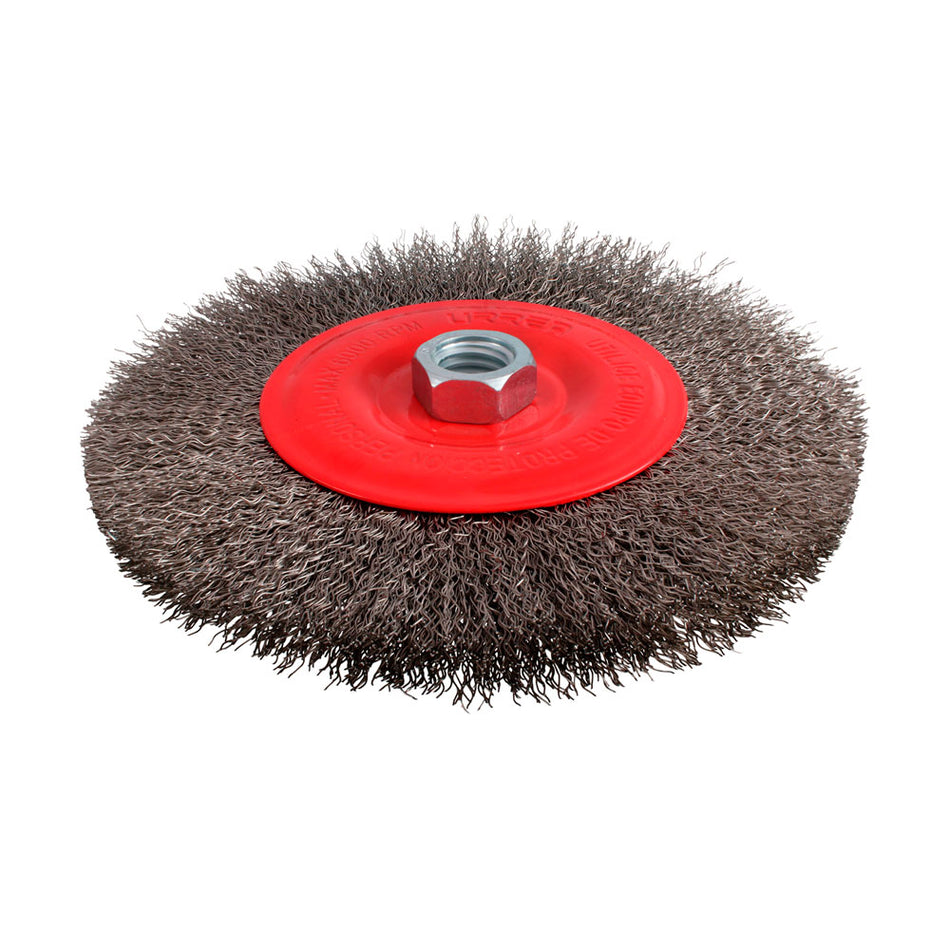 Carda circular ondulada alambre delgado de acero inoxidable 6" x 0.30 mm con rosca M14 Urrea C959