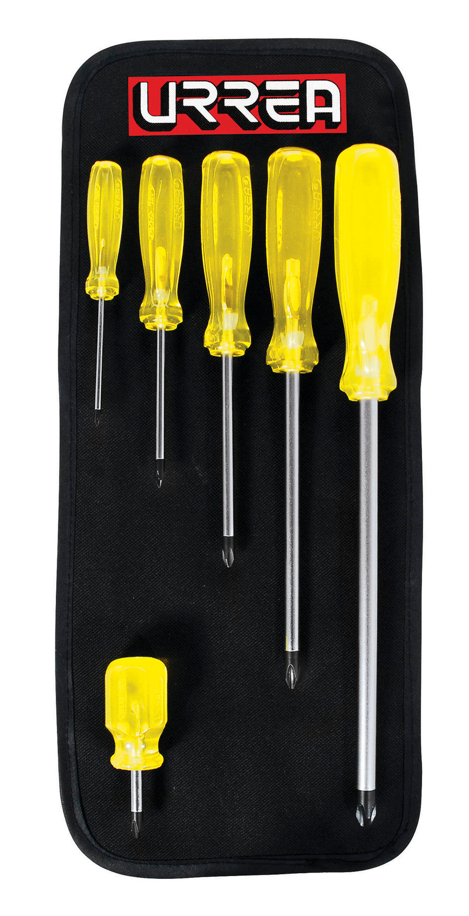 Juego de destornilladores con mango ámbar punta Phillips, 6 piezas en estuche Urrea 9600A