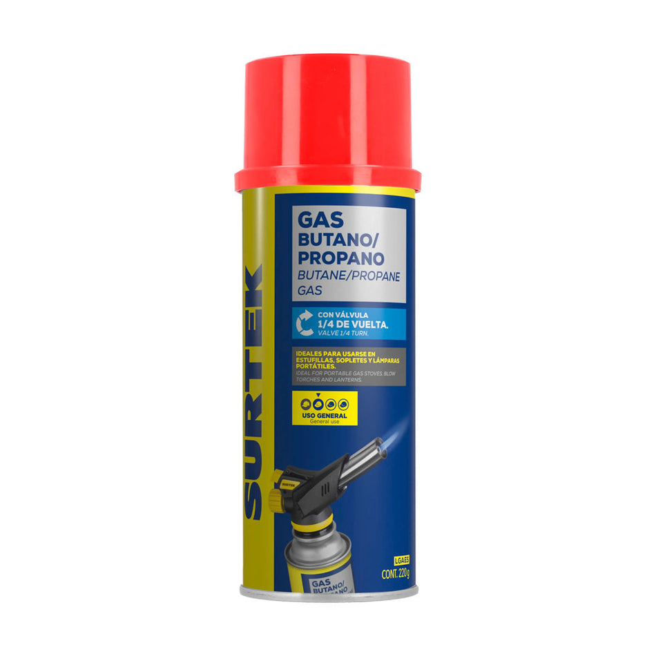 Lata de gas butano/propano con válvula 1/4 de vuelta 220 g Surtek LGAES