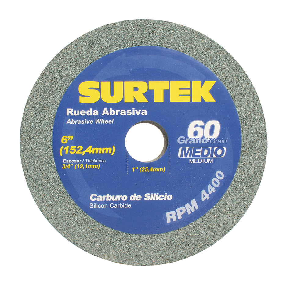 Rueda abrasiva de carburo de silicio verde grano 60, 6" x 3/4" Surtek 128030