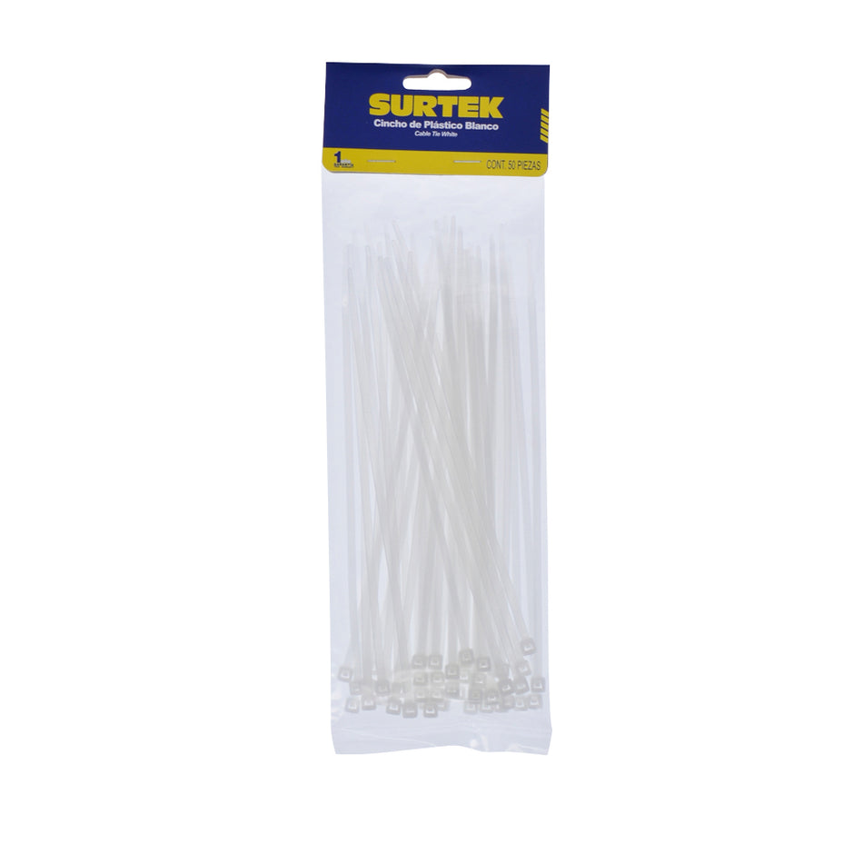Cinchos plásticos 203 x 4.6 mm, tensión 22 kg de 50 piezas, color natural Surtek 114210