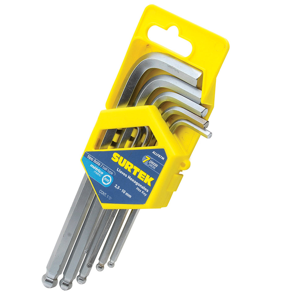 Juego de llaves hexagonales tipo "L" punta de bola, métricas, 7 piezas en rack Surtek ALLFB7M