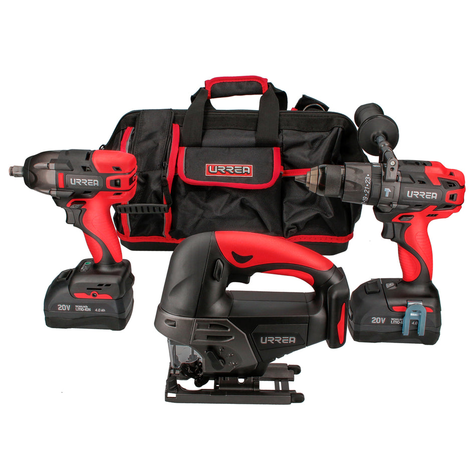 Juego de rotomartillo, pistola de impacto y sierra a batería Li-ion 20 V, 4 pz en maleta Urrea JPI03