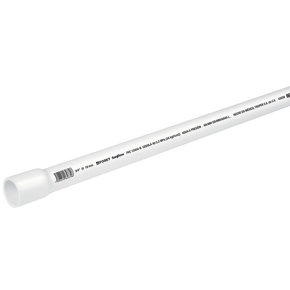 Tubo de 3/4' de PVC hidráulico cédula 40