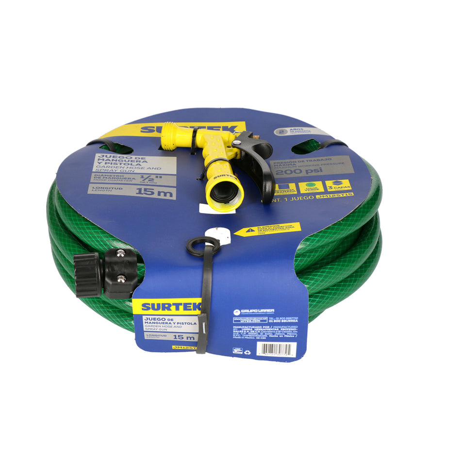 Manguera para jardín tramada verde con pistola para riego 1/2", 15 m Surtek JM12ST15