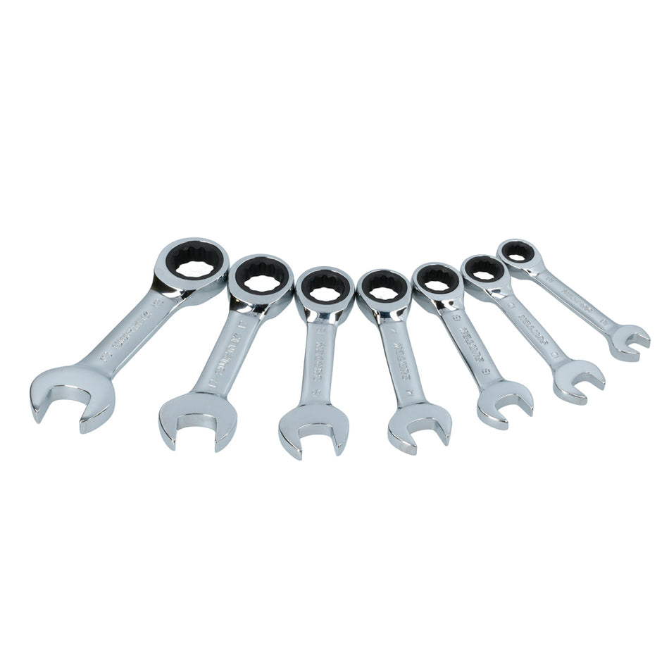 Juego de llaves combinadas cortas pulido espejo de matraca mét, 12 puntas,7 pz en rack Surtek 100577