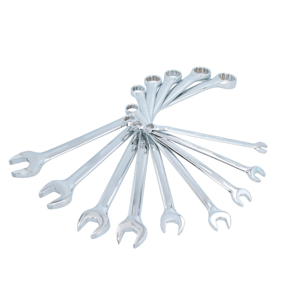 Juego de llaves combinadas extra largas pulido espejo en pulgadas, 12 puntas, 9 pz en rack Urrea 1200BL
