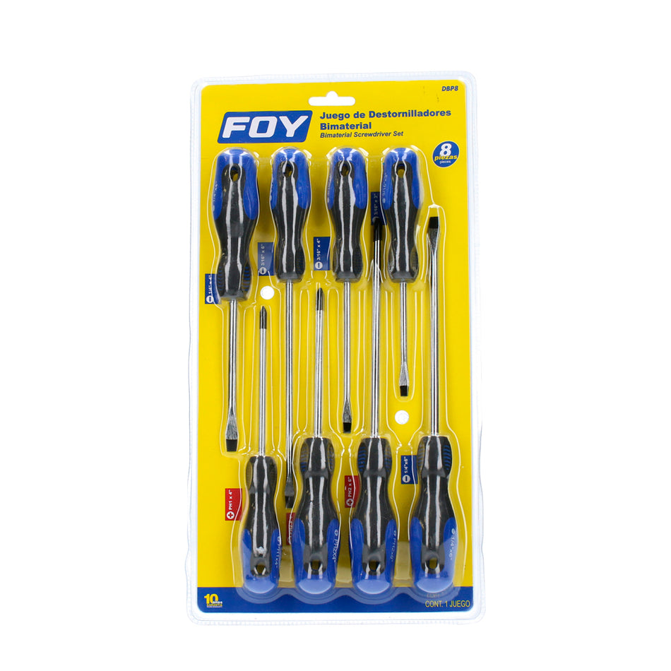 Juego de destornilladores con mango bimaterial combinados, 8 piezas en blíster Foy DBP8