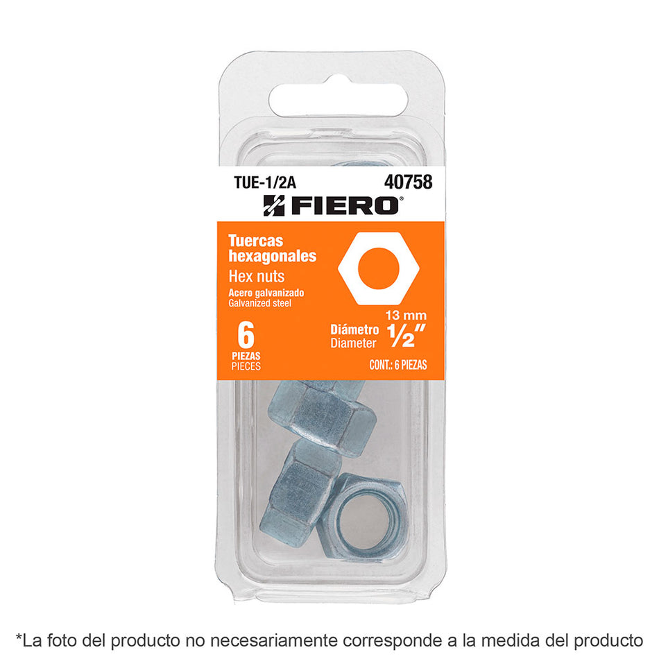 Blíster con 25 tuercas 1/4' hex de acero
