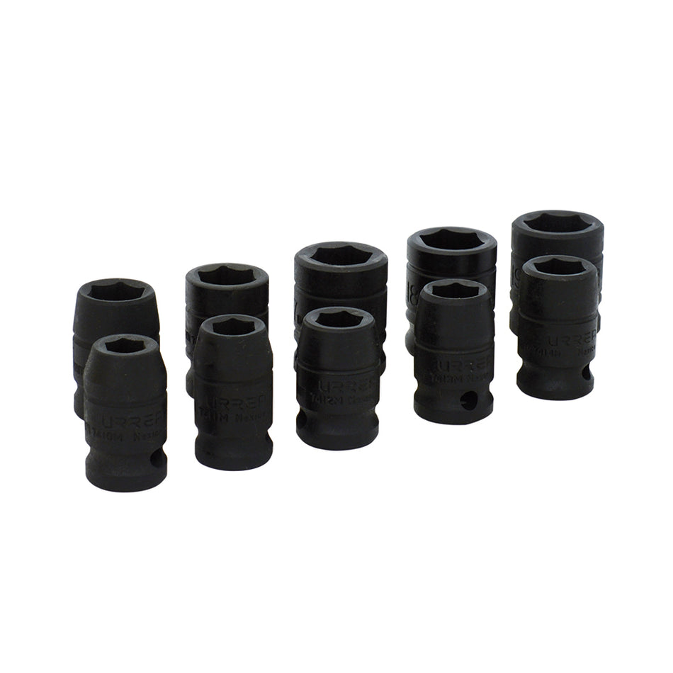 Juego de dados de impacto cuadro de 1/2", 6 puntas, métricos, 10 piezas Urrea 74202M