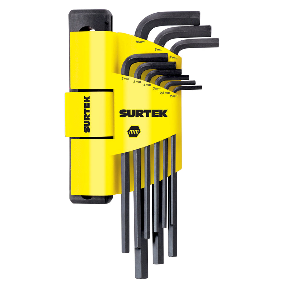 Juego de llaves extra largas hexagonales tipo "L", métricas, 9 piezas en rack Surtek ALLFH9M