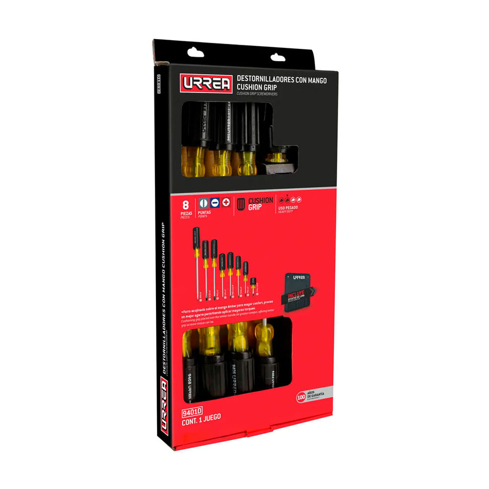 Juego de destornilladores con mango cushion grip, combinados, 8 piezas en caja de cartón Urrea 9401D