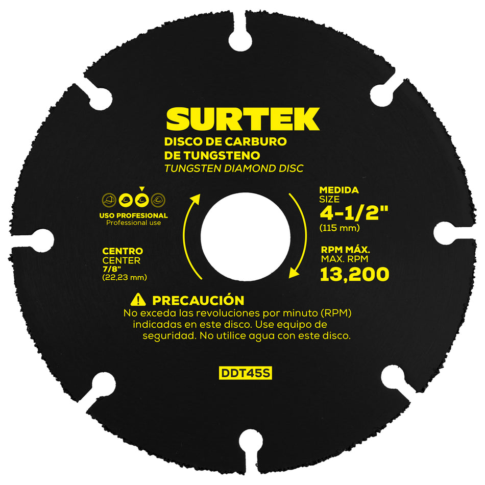Disco de diamante multi-corte punta de carburo de tungsteno, 4-1/2" Surtek DDT45S