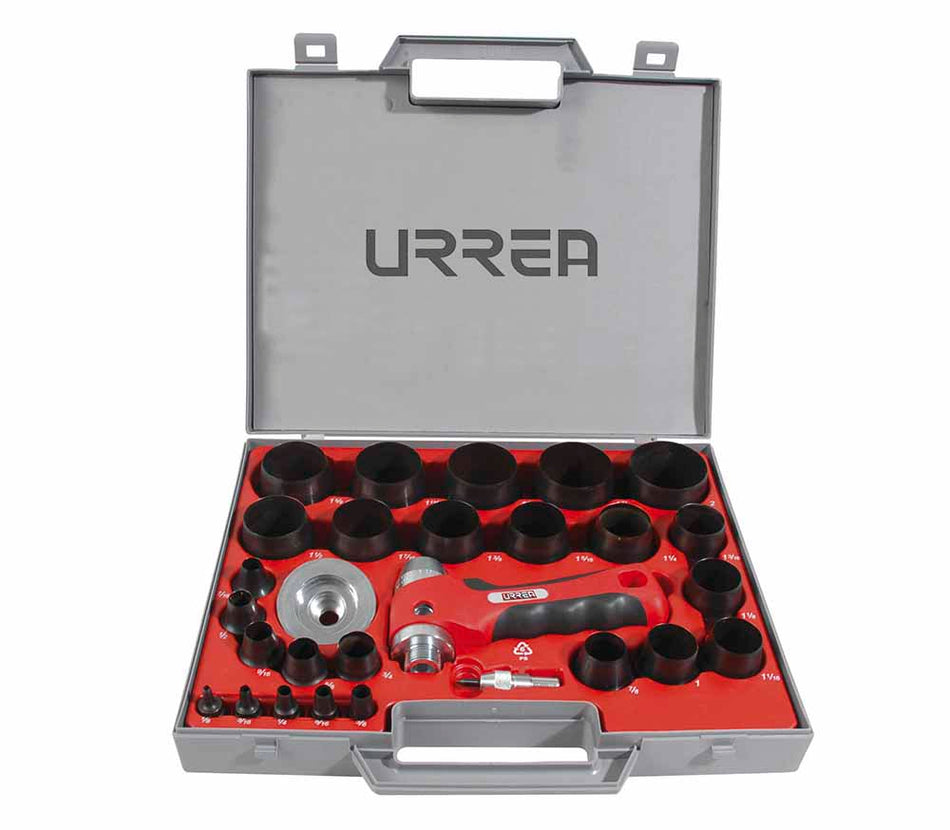 Juego de sacabocados con mango adaptador ergonónico de 1/8" a 2", 28 piezas Urrea 49902A