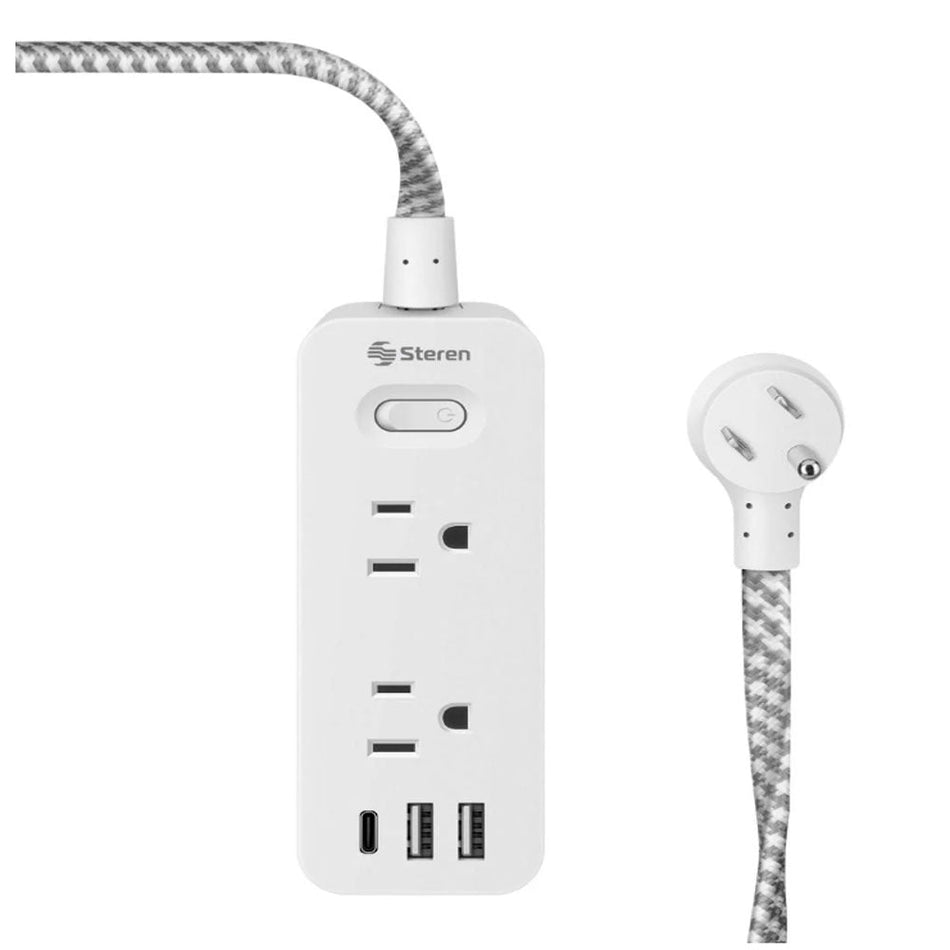 TIRA MULTICONTACTOS DE 6 SALIDAS Y CARGADOR USB C PD 20W / 2 X USB 12W STEREN 905-3008