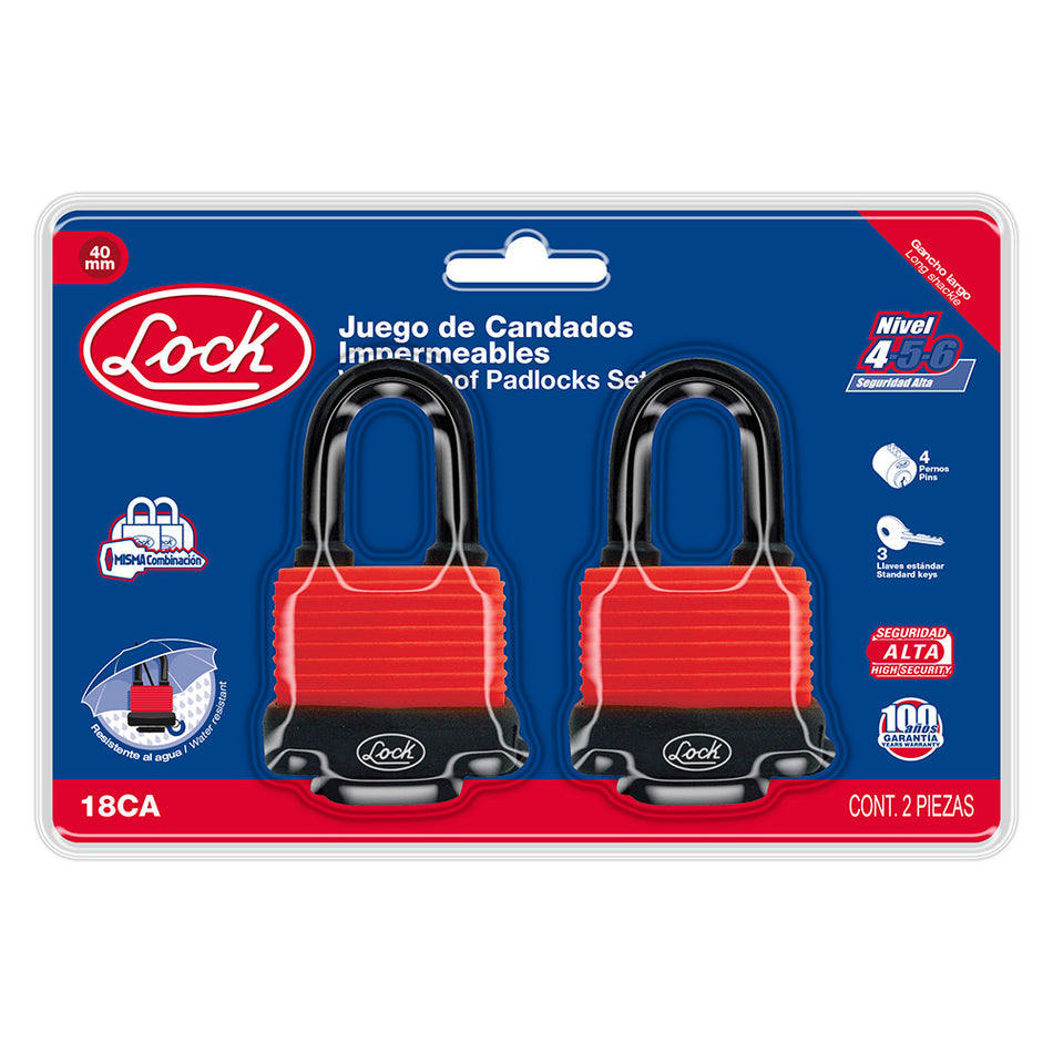 Juego de candados impermeables largos 40 mm, llave estándar, 2 piezas Lock 18CA
