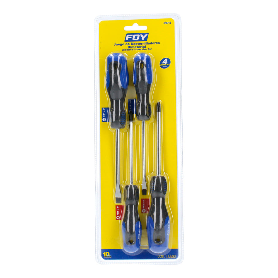 Juego de destornilladores con mango bimaterial combinados, 4 piezas en blíster Foy DBP4