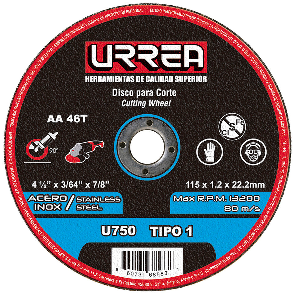 Disco abrasivo tipo 1 para acero inoxidable 4-1/2" x 3/64" Urrea U750