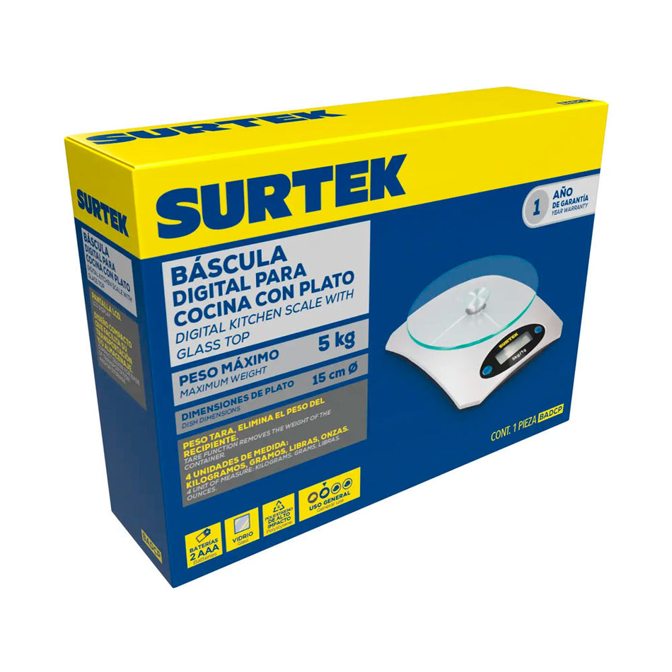Báscula digital para cocina con plato 5 kg Surtek BADCP