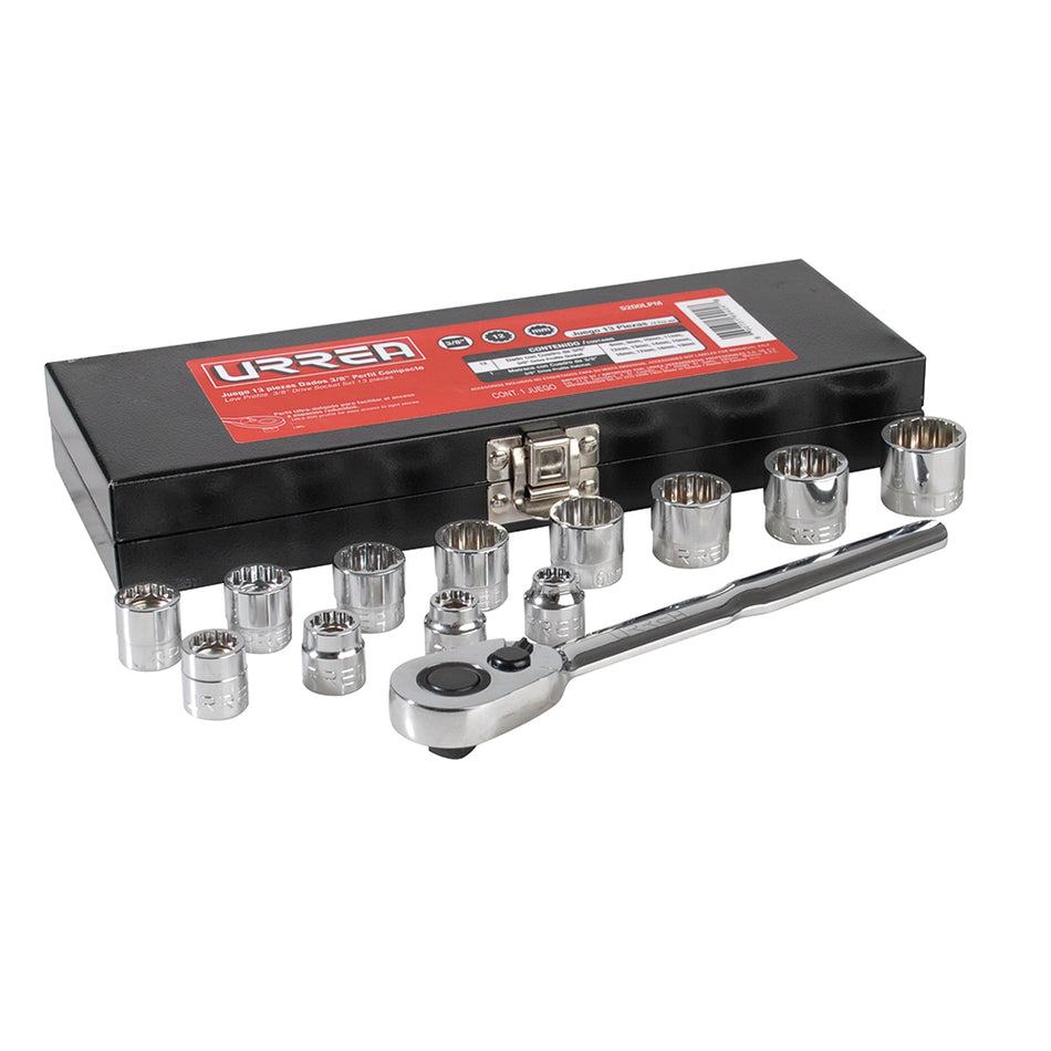 Juego de dados y accesorios cuadro de 3/8" métrico, 13 piezas Urrea 5200LPM