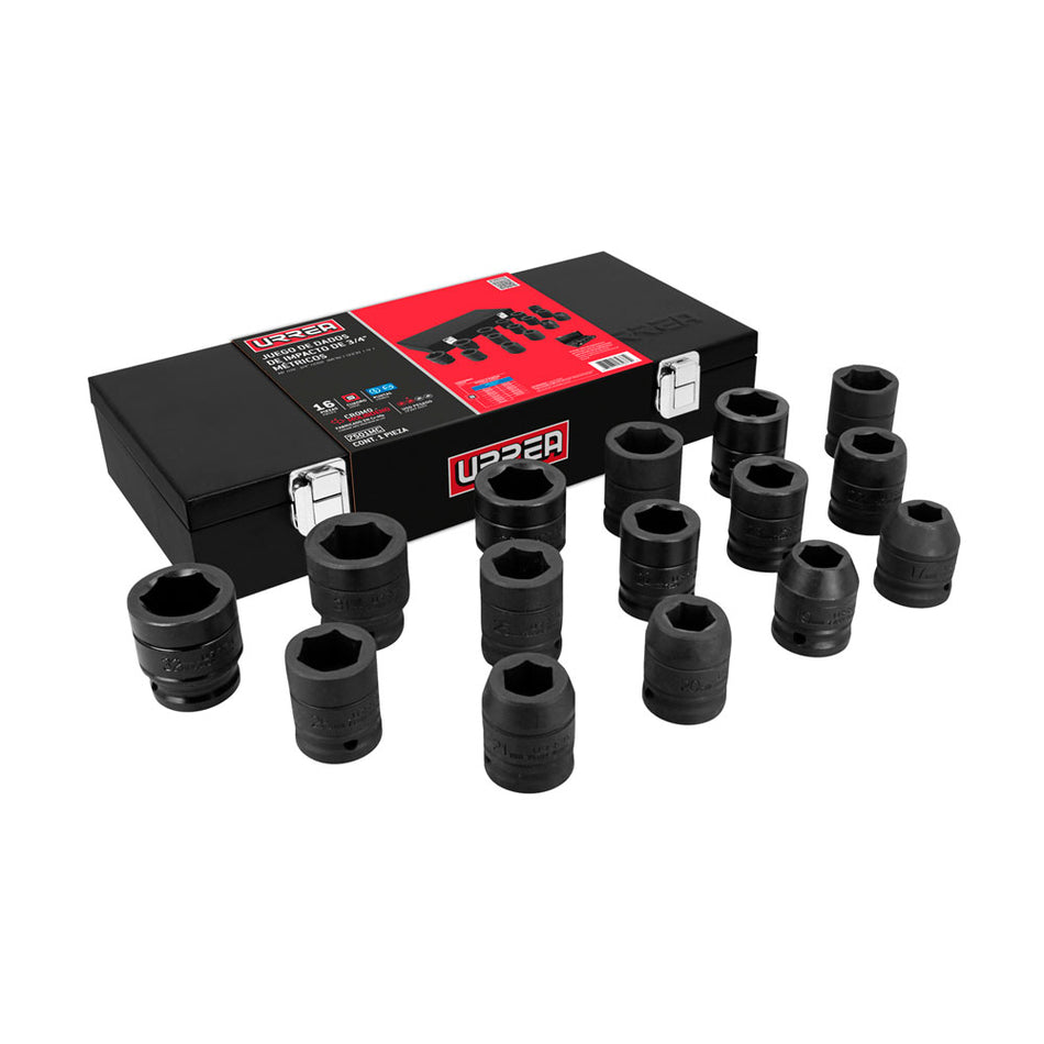 Juego de dados de impacto cuadro de 3/4", 6 puntas, métricos, 15 piezas Urrea 7501MC
