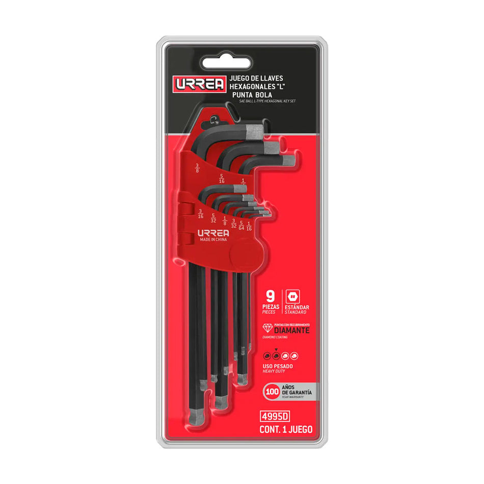 Juego de llaves hexagonales tipo "L" punta de bola diamante, combinadas, 9 piezas Urrea 4995D