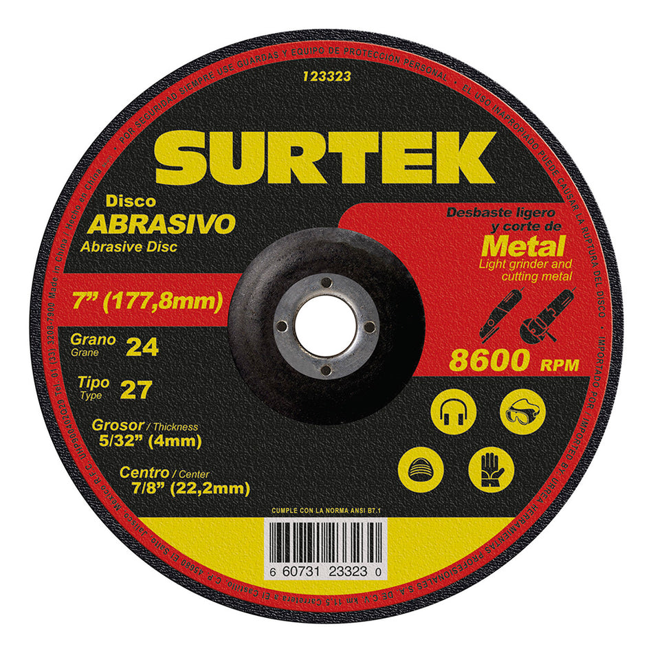 Disco abrasivo tipo 27 para metal 7" x 5/32" Surtek 123323