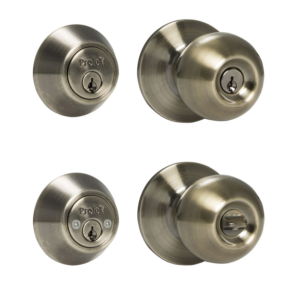 Combo de pomo tubular bola función doble, latón antiguo, llave estándar, blíster Prolok MY-CT5362BOLA-US5