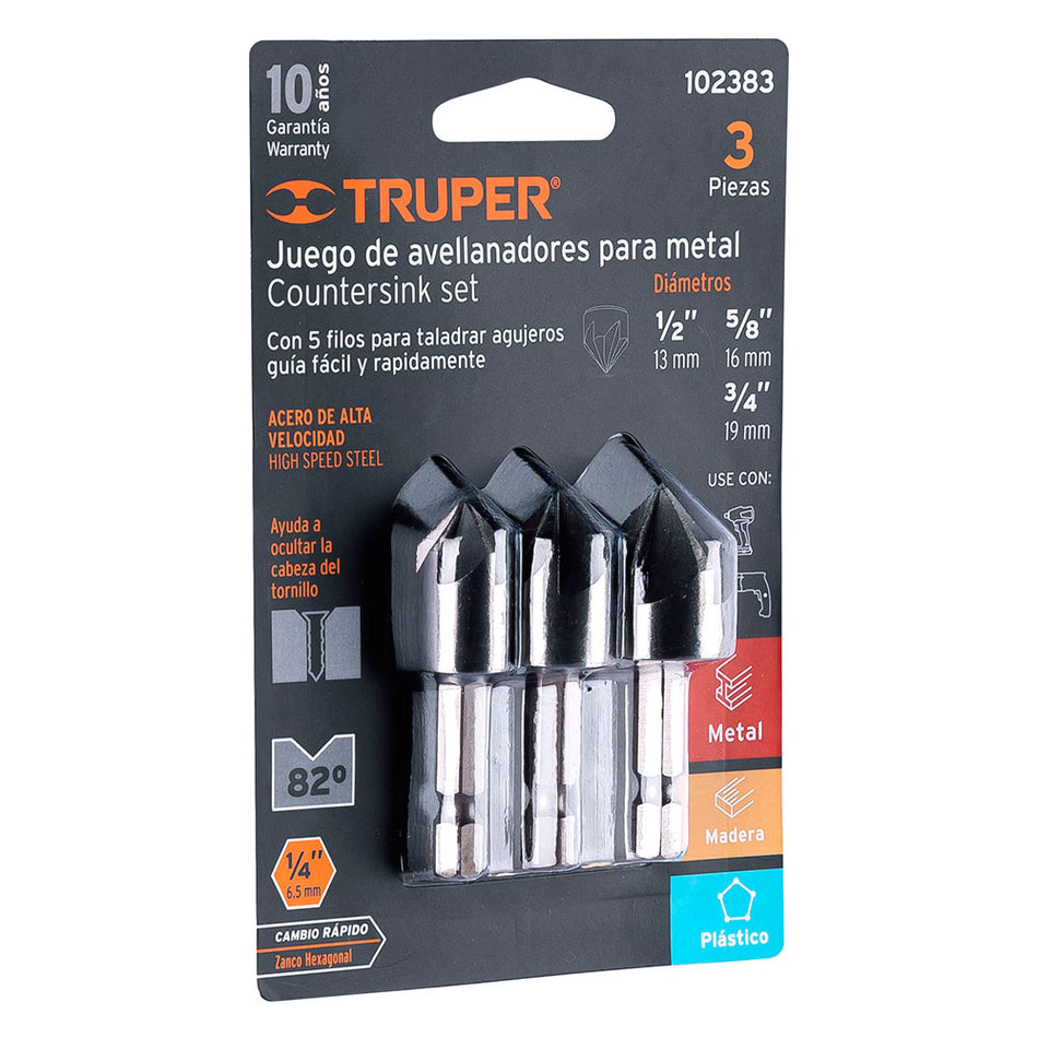Juego de 3 avellanadores HSS, Truper