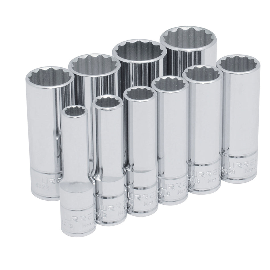 Juego de dados largos cuadro de 3/8", 12 puntas, en pulgadas, 10 piezas Urrea 52107